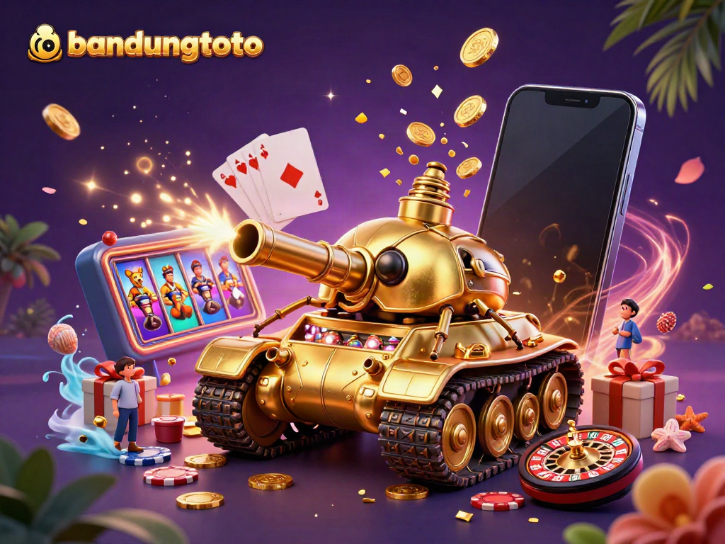 Experience the excitement of bandungtoto with a vibrant casino scene featuring a golden beetle tank and slot games.