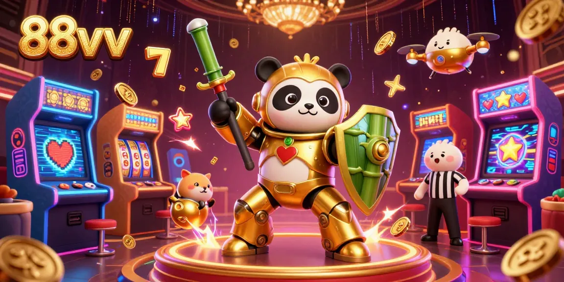 Experience gaming excitement with 88vv in a vibrant casino scene featuring a mech-panda and slot elements.