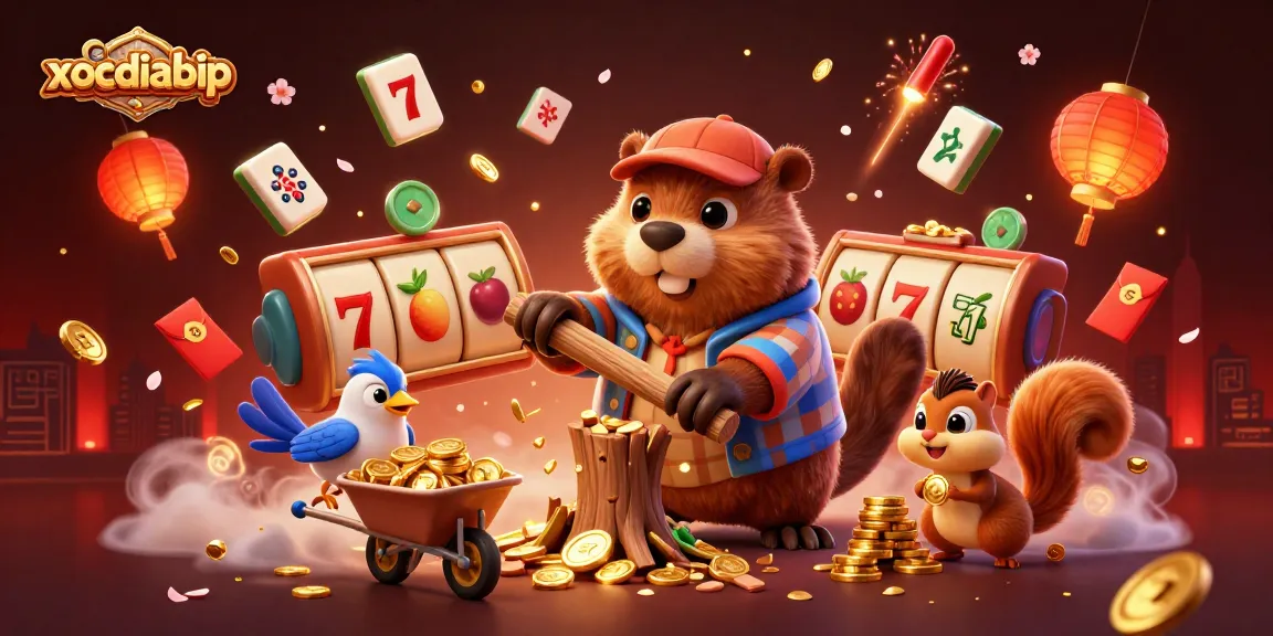 xocdiabip features a lively casino scene with a charming beaver and friends collecting coins in an immersive environment.