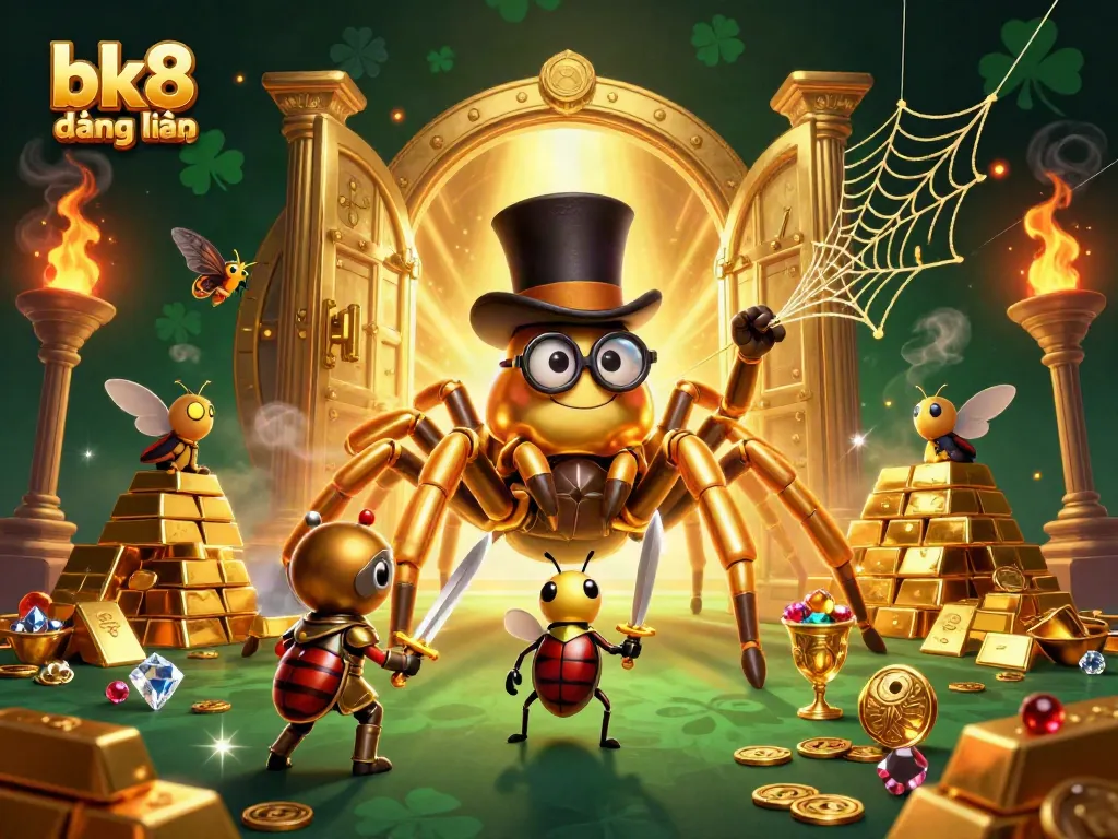 Engage in thrilling gaming action with bk8 đăng nhập as a golden tarantula weaves its web amidst treasure.