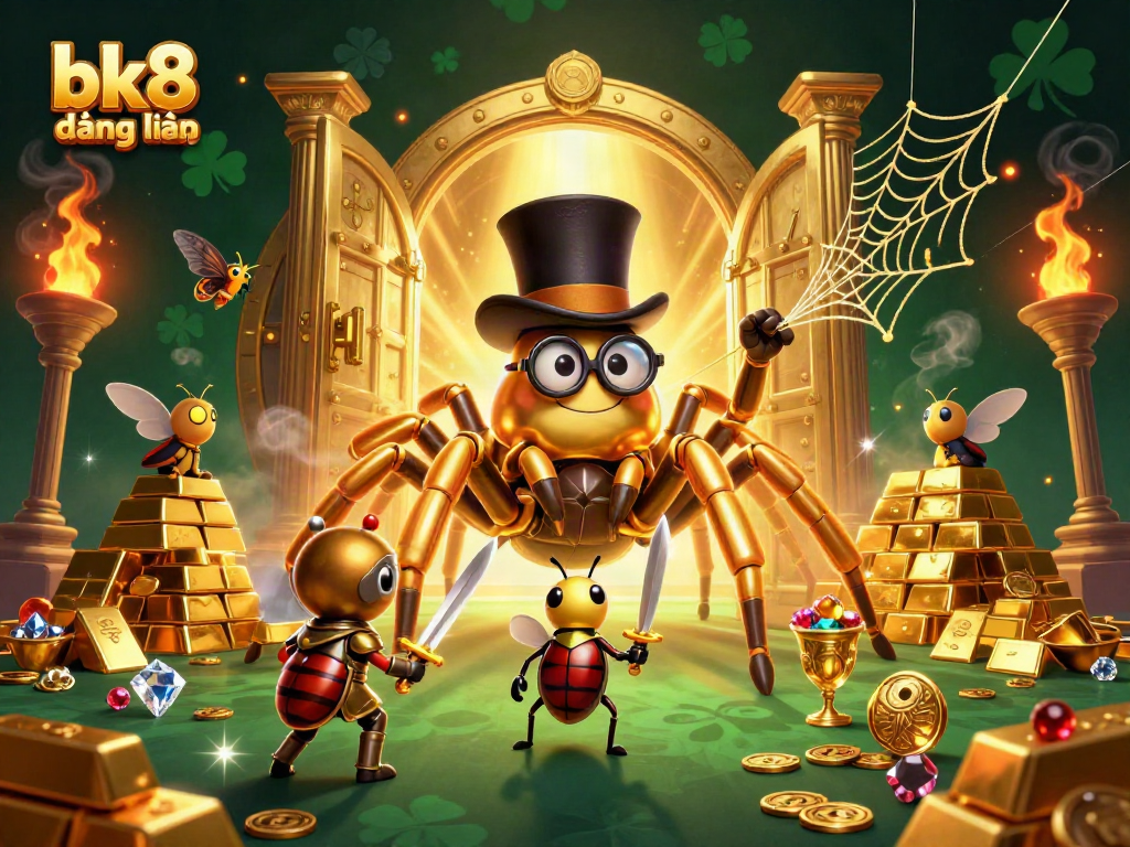 Engage in thrilling gaming action with bk8 đăng nhập as a golden tarantula weaves its web amidst treasure.