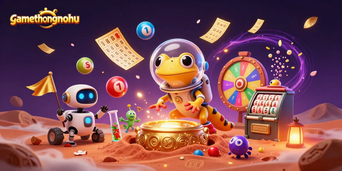 gamethuongnohu features a Martian gecko discovering a golden casino with vibrant elements and lottery effects