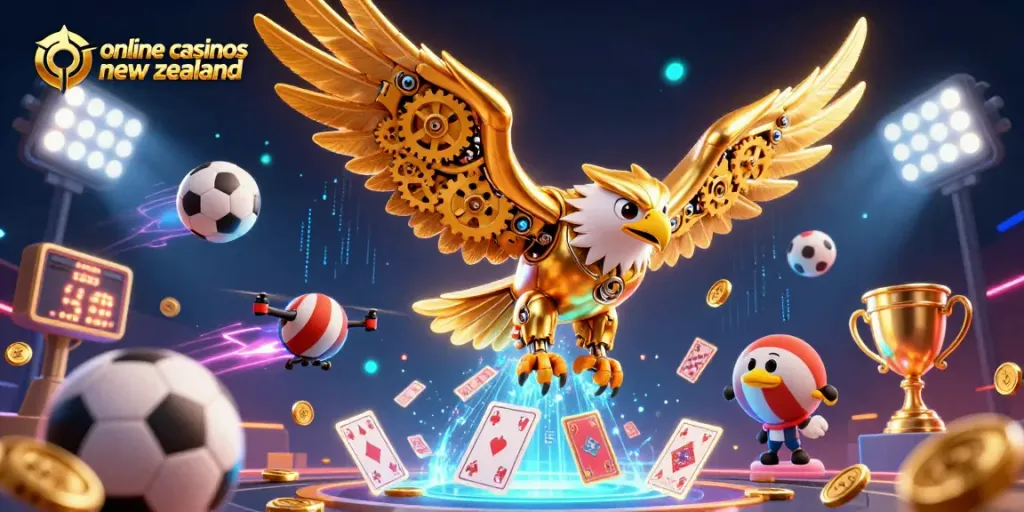 Experience thrilling action at online casinos New Zealand featuring vibrant 3D characters and casino elements.