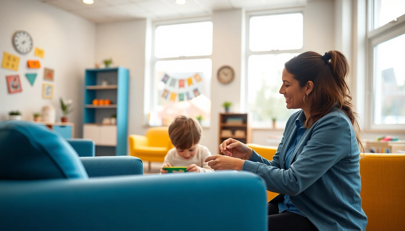 Engaging ABA therapy in Livonia session with a therapist and child in a colorful clinic.