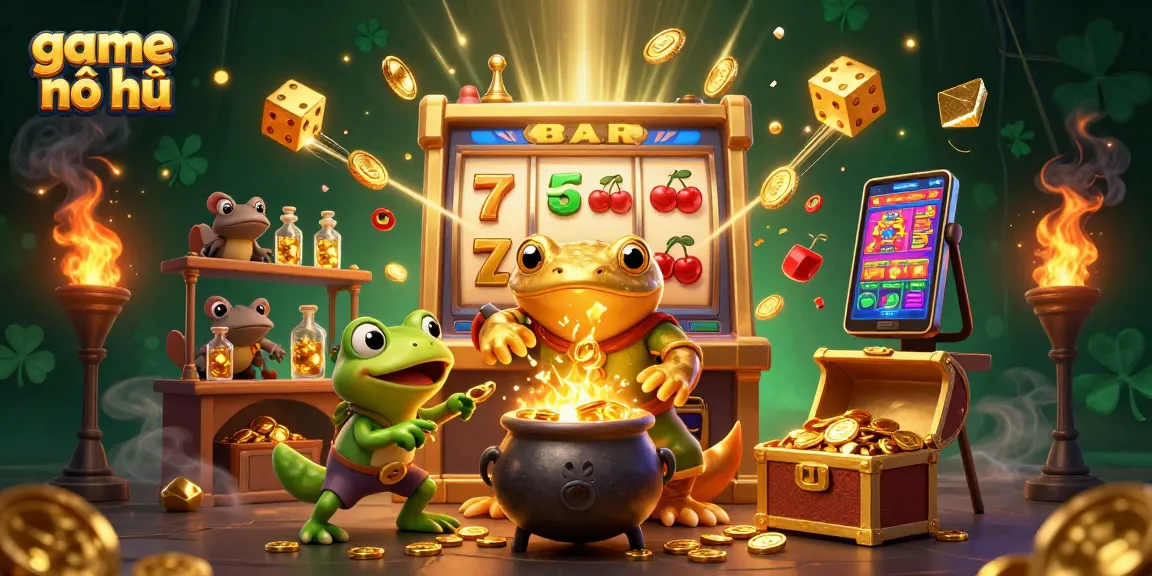 Experience game nổ hũ with a vibrant 3D illustration of alchemists and slot elements for thrilling casino fun.