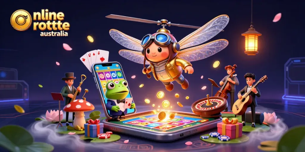 Engage with online roulette australia in this vibrant casino scene featuring a dragonfly pilot and frog croupier.