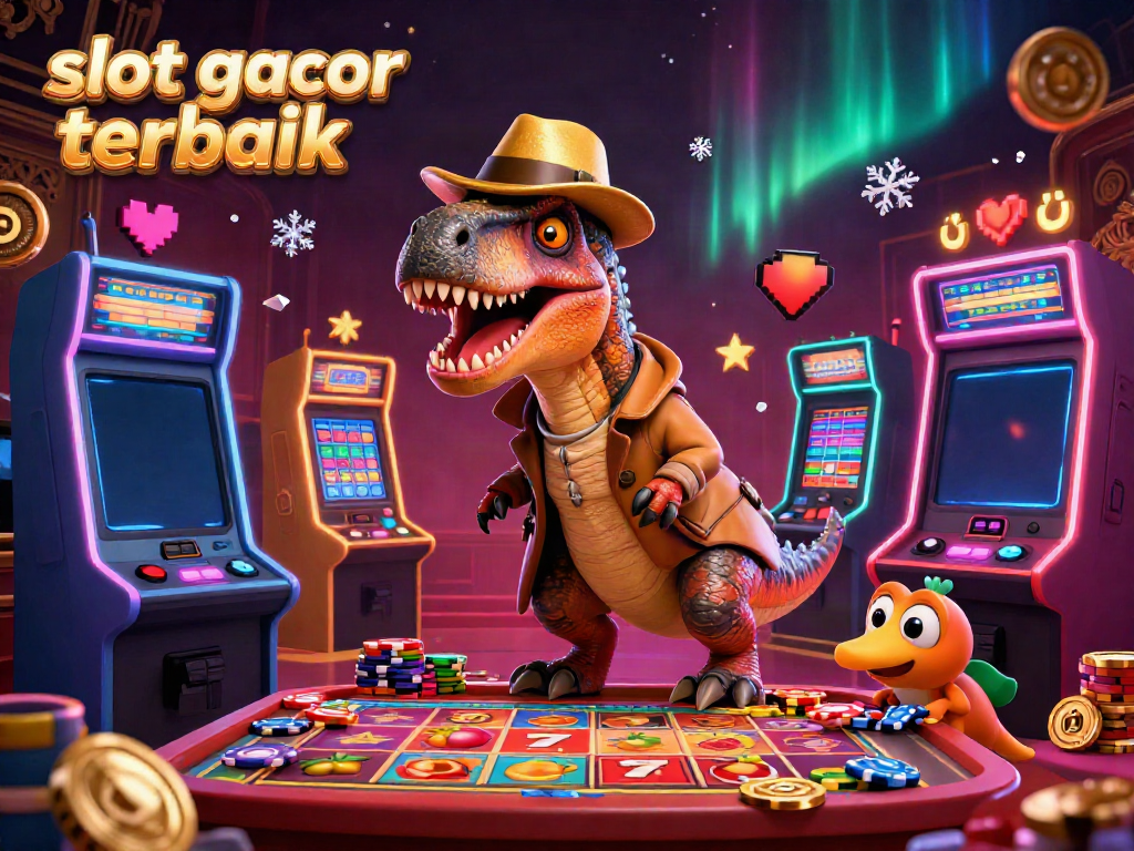 Ilustrasi slot gacor terbaik dengan velociraptor dan mesin slot di kasino yang ramai.