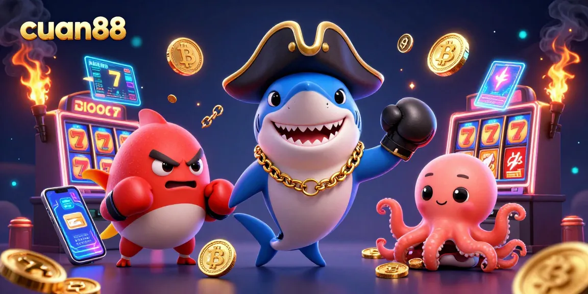 Menang di cuan88 dengan ilustrasi kartun 3D yang menampilkan hiu bajak laut, ikan puffer, dan bayi gurita.