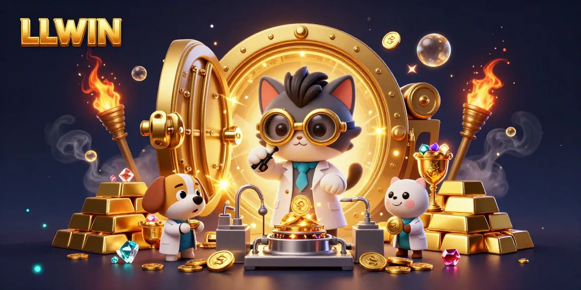 LLWIN offers exciting online gaming with gold-themed fun, featuring mad scientist and loyal assistant in a vibrant casino scene.