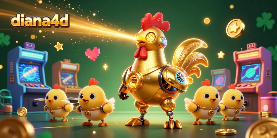 Experience thrilling gameplay with diana4d's golden rooster robot leading mini drones in a vibrant arcade.