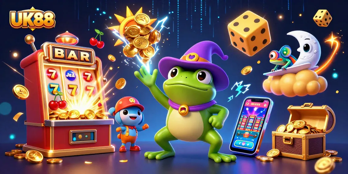 Spin to win with UK88's golden jackpot explosion surrounded by colorful casino elements.