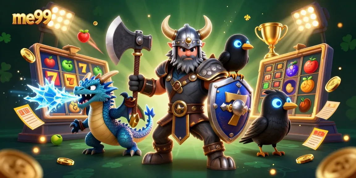 Experience the thrill of me99 with a 3D Viking wolf warrior, dragon, and dynamic casino elements.