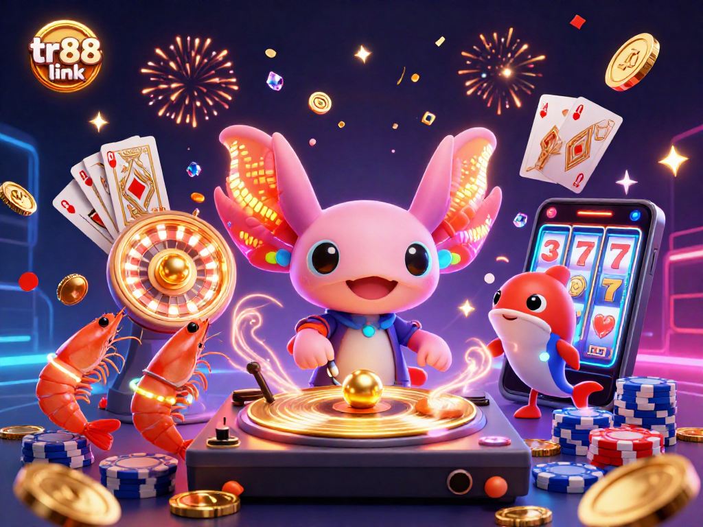 Join the excitement with tr88 link's vibrant casino, featuring neon characters and sparkling casino elements.