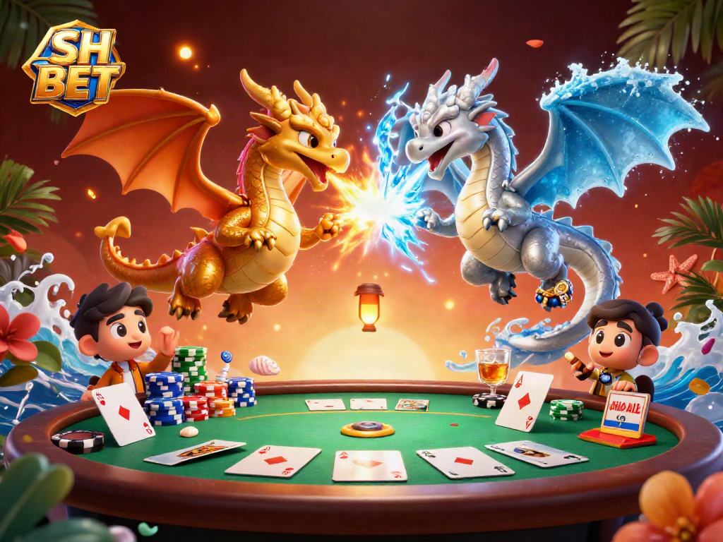 Engage in exhilarating gameplay at SH BET featuring dragons, poker elements, and vibrant casino details.