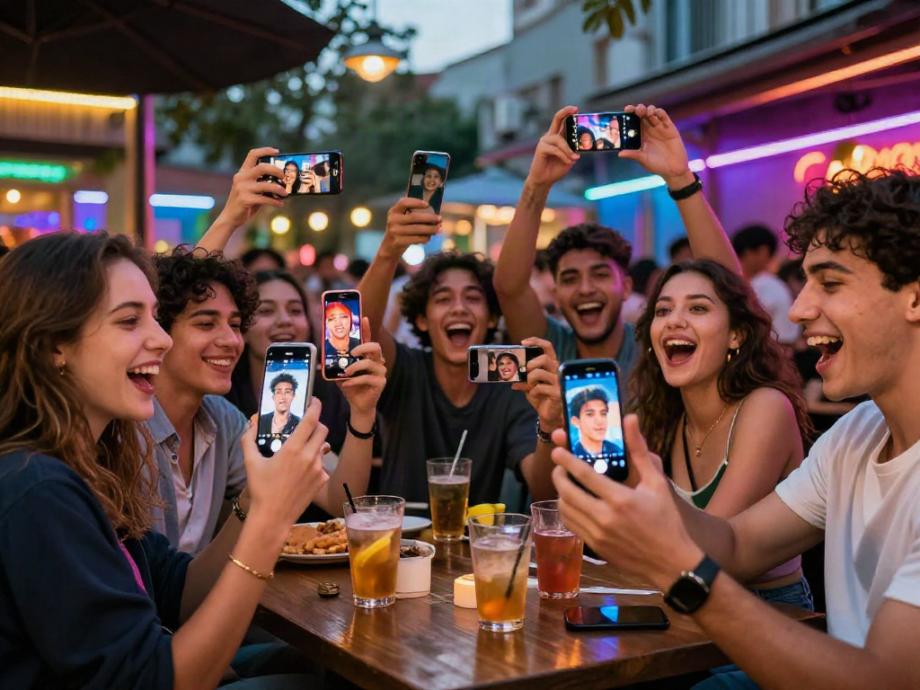 Friends comparing selfies to find celebs I look like at a trendy urban bar.