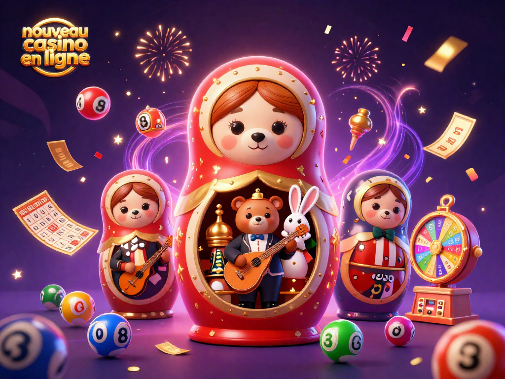 Illustration dynamique d'un nouveau casino en ligne avec personnages de jeu colorés entourés d'une pluie de gains.