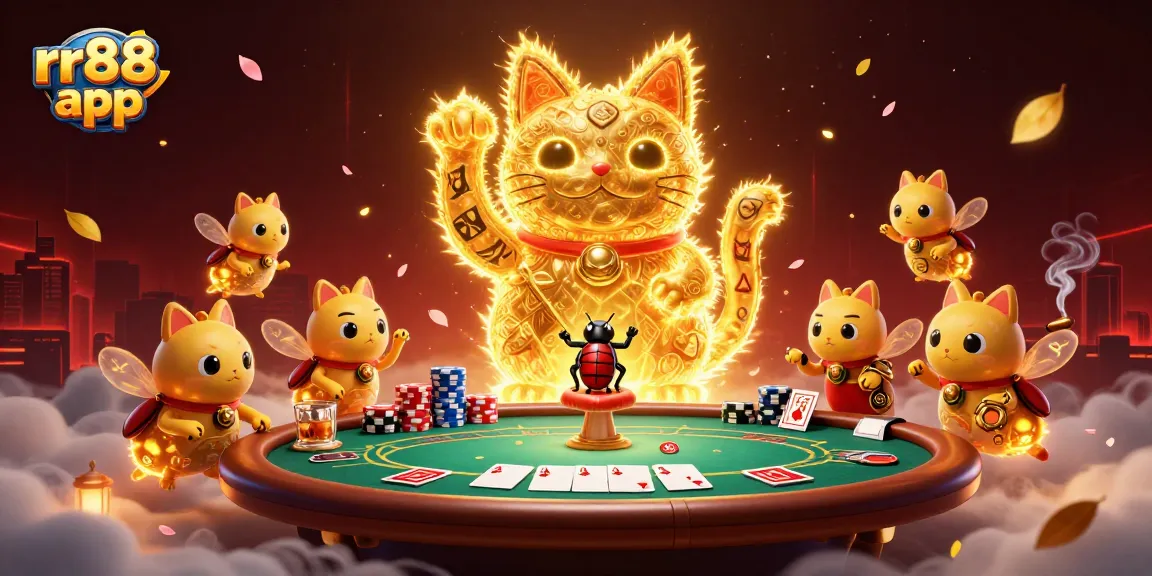 Engage with the rr88 app featuring a lucky cat amidst poker chips and gambling elements, showcasing vibrant casino action.