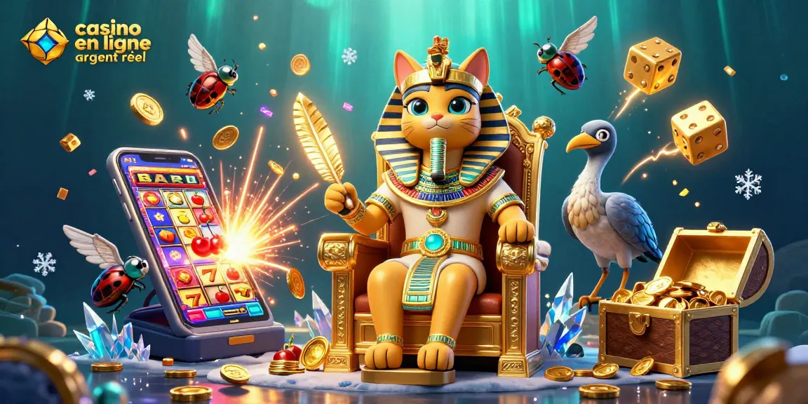 Jouer au casino en ligne argent réel avec un chat pharaon et un ibis, entourés de machines à sous et de jackpots.