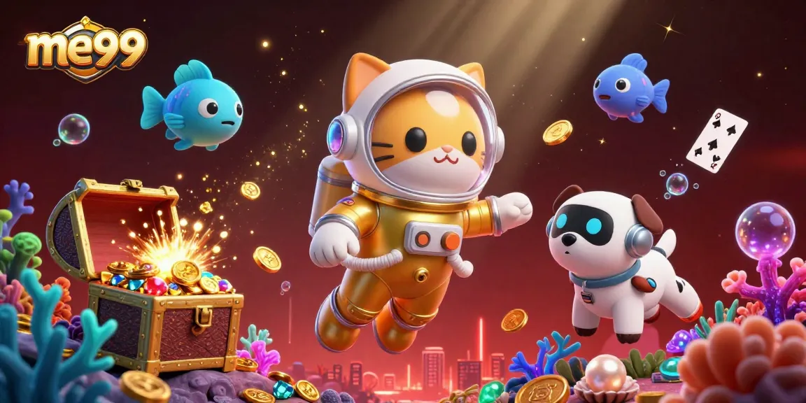 Experience thrilling gaming at me99 with a dynamic scene showcasing a cartoon space astronaut cat, robot dog, and elements from underwater treasure chests.