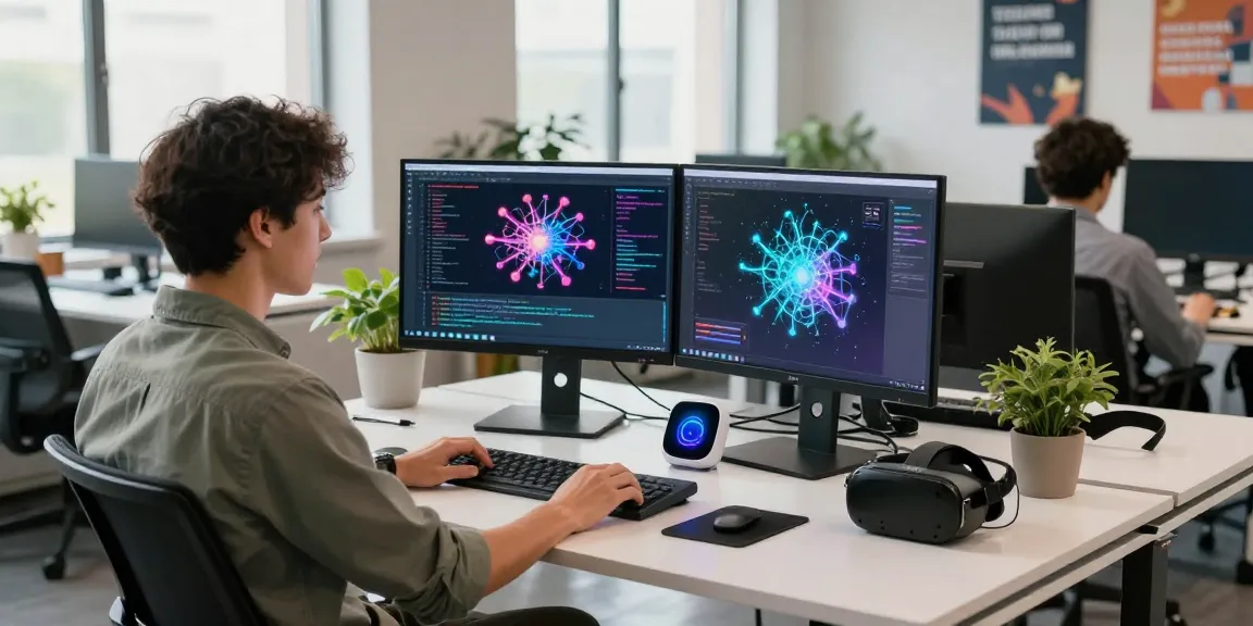 Dynamic office scene with a professional exploring AI 18+ innovations