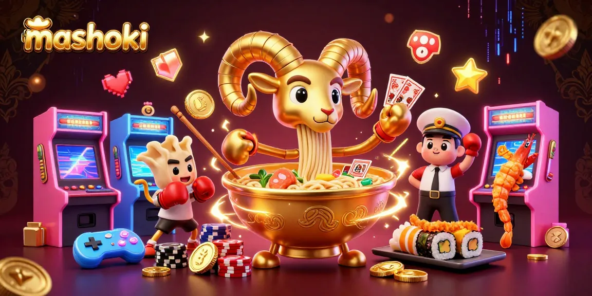 mashoki features a vibrant cartoon casino scene with unique characters dealing cards and stacking chips
