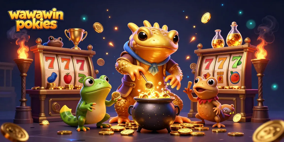 wawawin pokies in a dynamic 3D illustration with alchemist characters and gold coins mixing with slot elements.