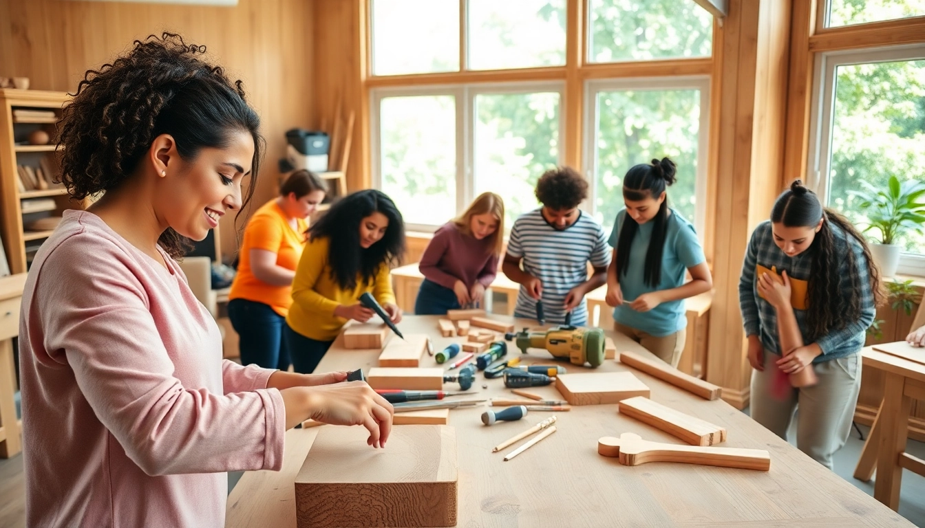 Students engaging in craft training Wyoming with hands-on woodworking projects in a bright classroom.