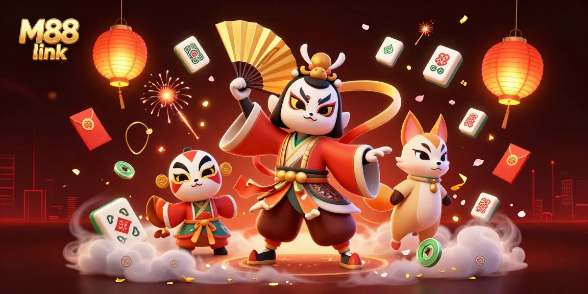 Win with the M88 link in this vibrant casino scene featuring traditional characters and game elements.