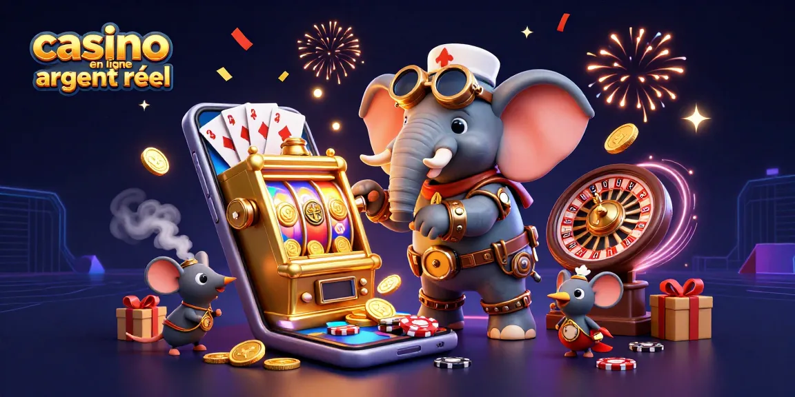 Illustrez une expérience exaltante chez un casino en ligne argent réel avec un éléphant steampunk jouant avec une machine à sous.