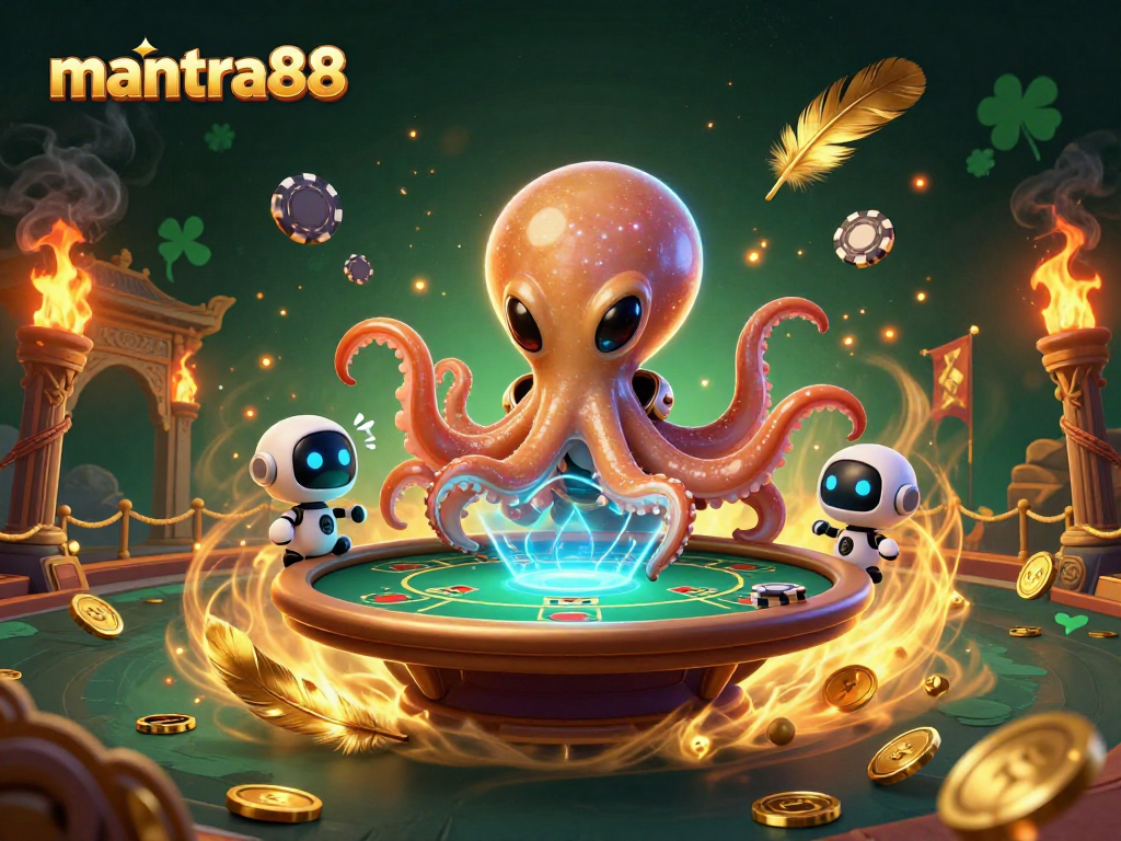 Experience fun at mantra88 with an alien octopus and poker chips in a vibrant casino scene