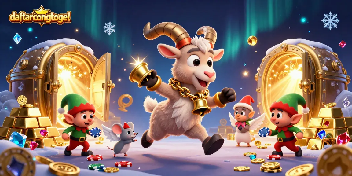 Engage with daftarcongtogel's thrilling gaming scene featuring festive casino characters and dazzling treasures.