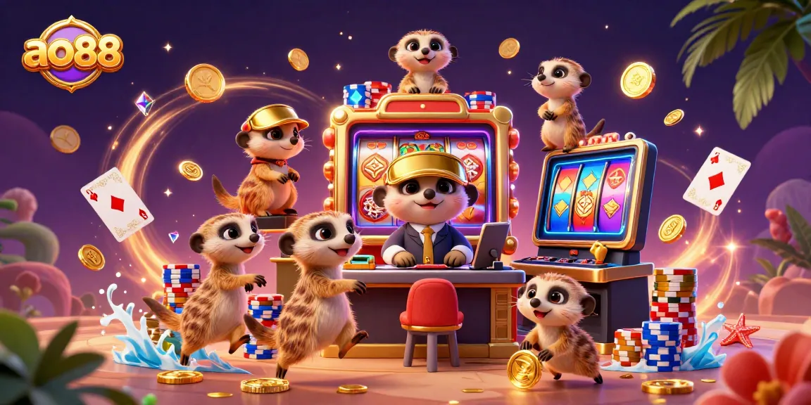 ao88 meerkats managing a vibrant slot machine casino, showcasing dynamic gameplay and excitement.