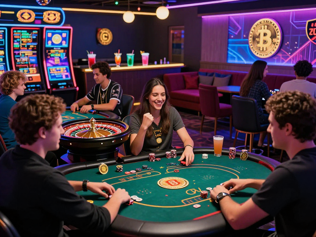 Exciting crypto casino gaming scene with players at tables, neon lights, and digital graphics.
