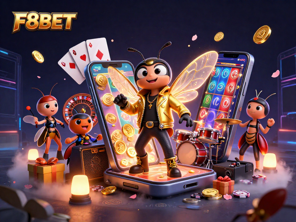 Spin to win big with F8BET as the rock star cicada leads in vibrant 3D casino celebration!
