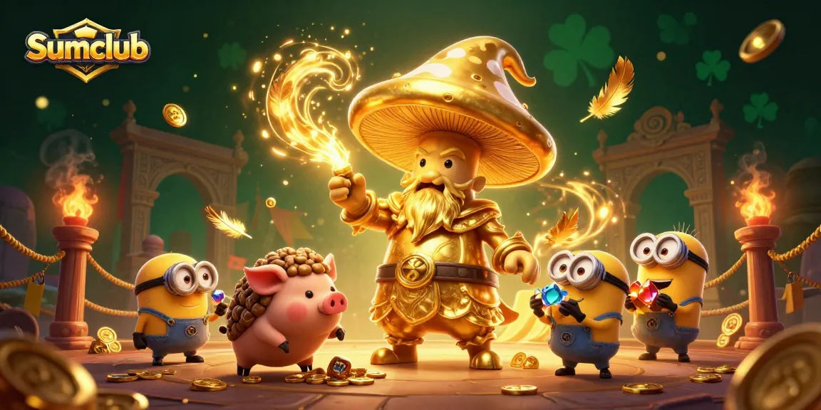 Experience thrilling gameplay with Sumclub's enchanting golden wizard scene and vibrant treasures.