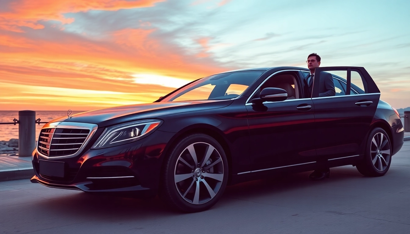 Showcasing a chauffeur service Rhode Island with a luxury sedan at a stunning seaside venue, evoking elegance.
