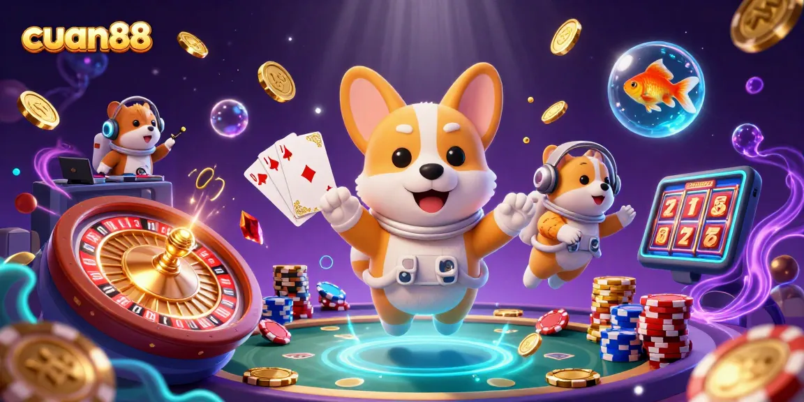 Permainan cuan88 yang menarik dengan corgi astronaut di kasino luar angkasa, menembakkan koin dan permata ke mana-mana.