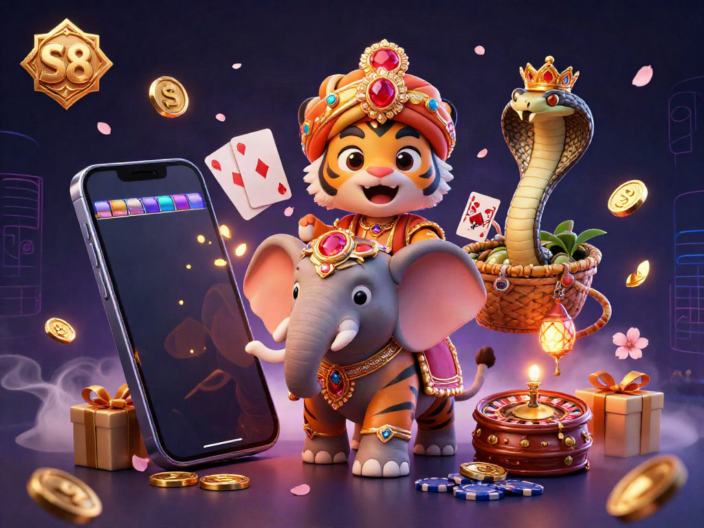 Experience vibrant online slot adventures with S8's ultra-detailed cartoon scene featuring a regal tiger, elephant, and dynamic gaming elements.