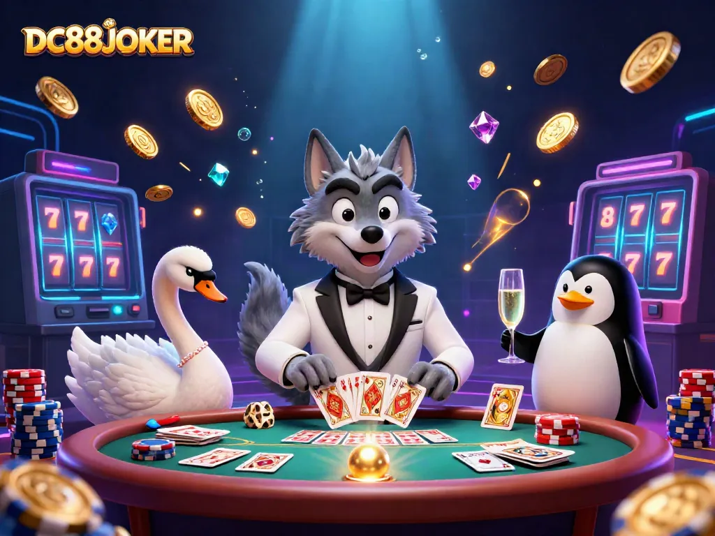 Engage with DC88JOKER through this vibrant 3D casino scene featuring animated characters and dynamic gambling elements.