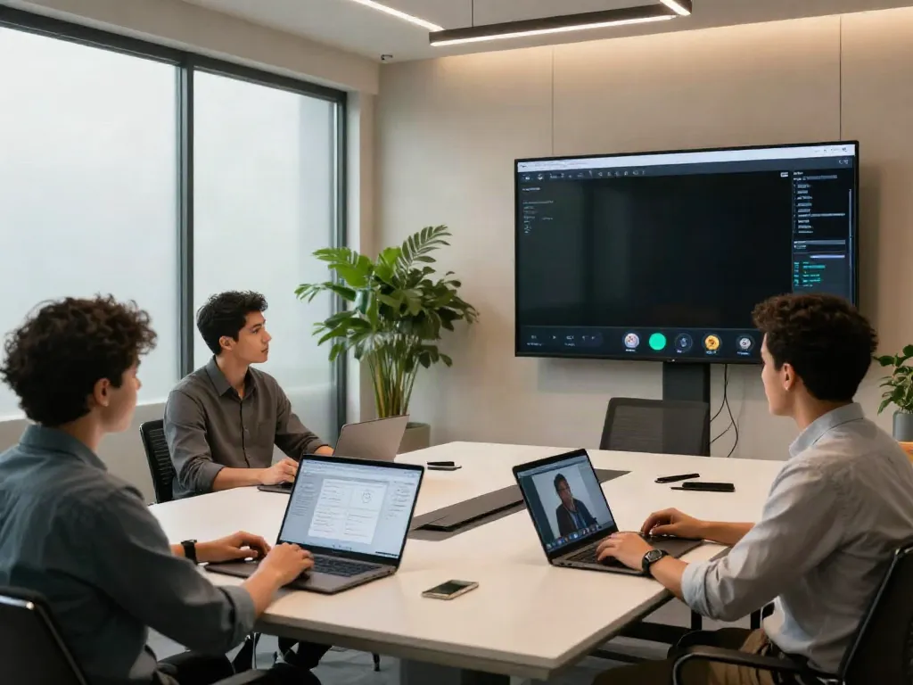 Deepfake protected Conferencing in a professional meeting room with diverse team members using secure video feeds.