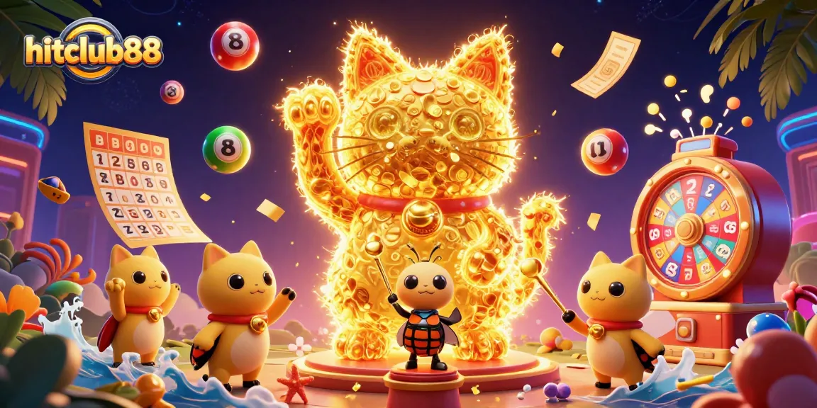 Experience the vibrant excitement of hitclub88 as golden fireflies dance among casino symbols and lottery elements.