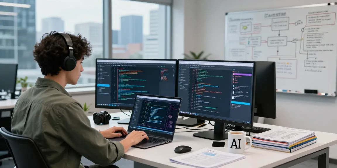 AI Detection software engineer analyzing algorithms in a modern office.
