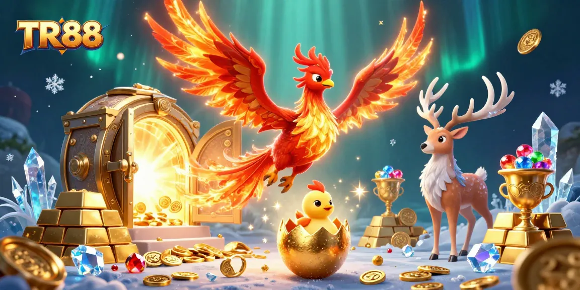 Engage with TR 88's vibrant gaming universe featuring a phoenix and treasure elements.