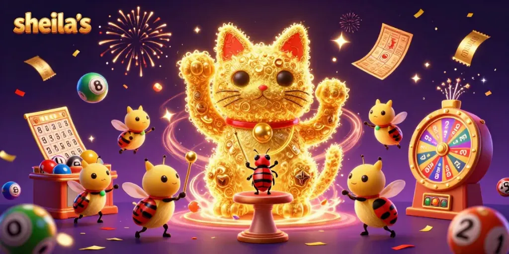 Join sheila's in a vibrant casino scene celebrating luck with dynamic lottery elements.