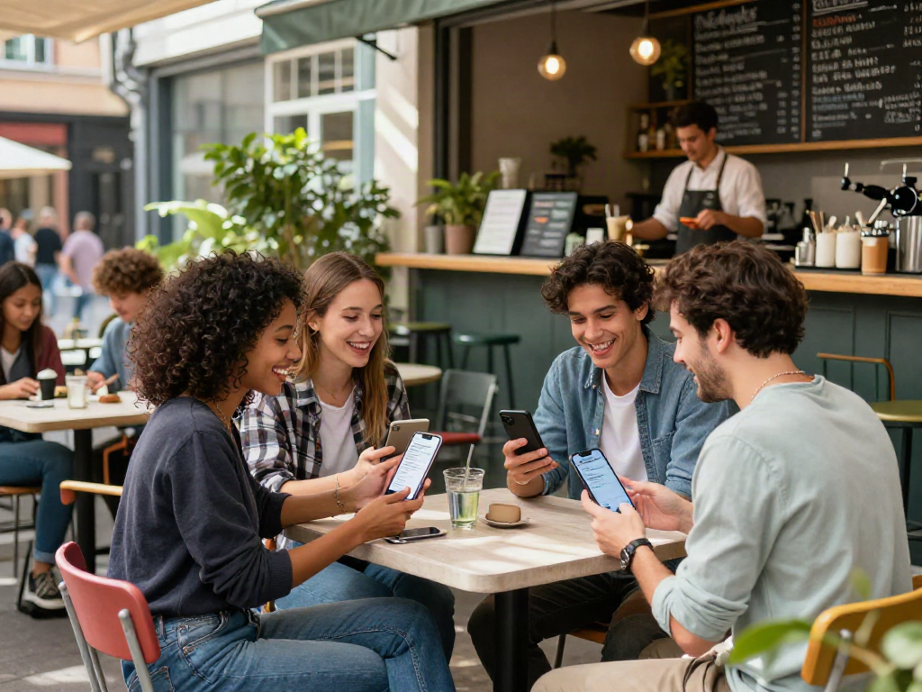 Friends testing attractiveness at café using mobile app in bright outdoor setting.