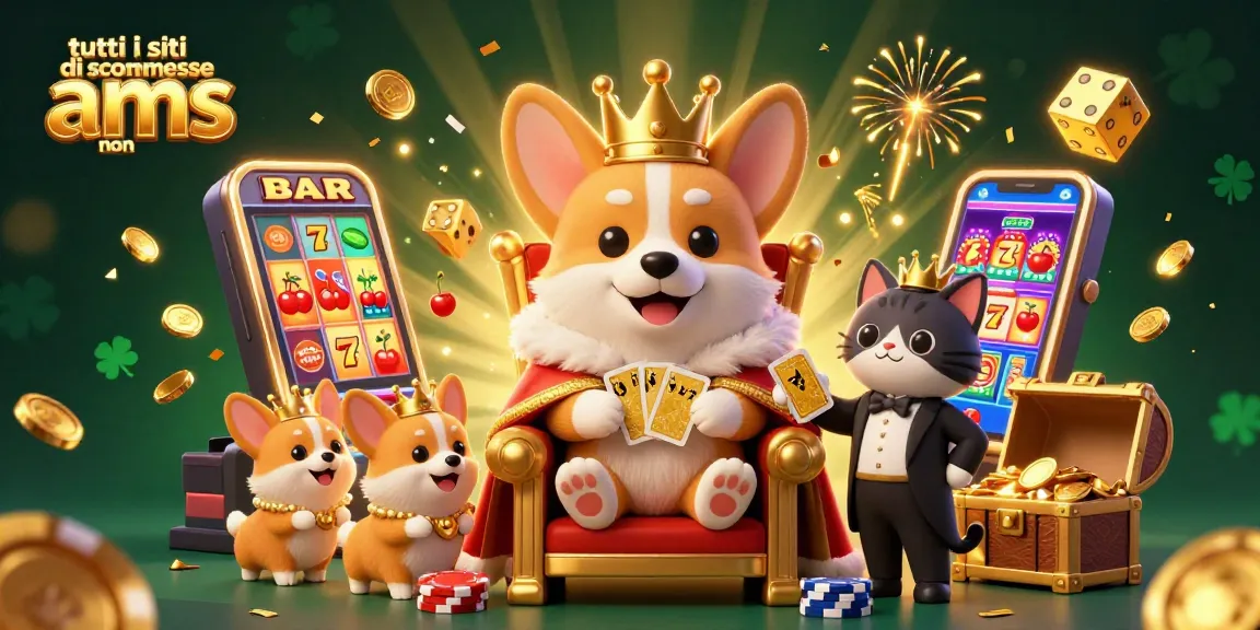 Scopri tutti i siti di scommesse non aams con un corgi reale circondato da elementi del casinò in un'illustrazione vivace.