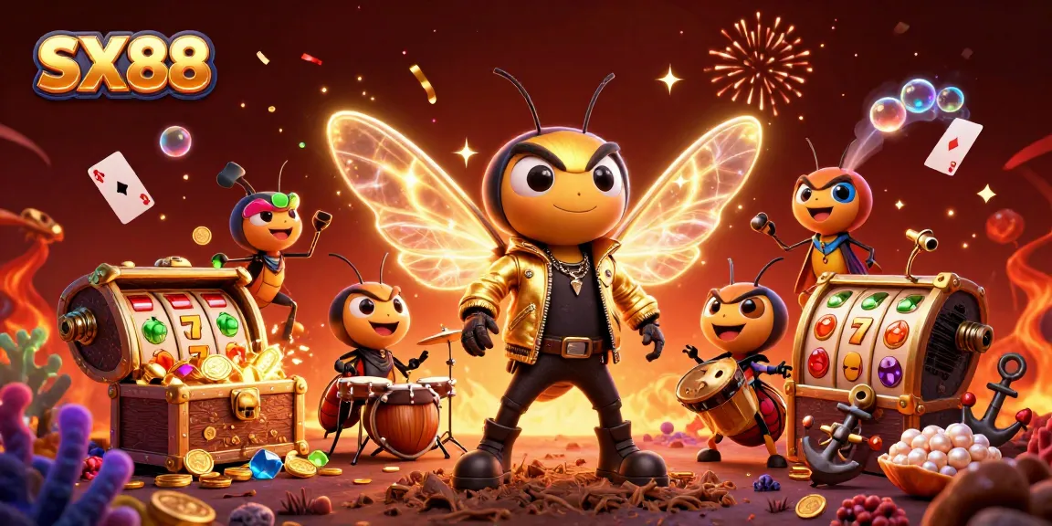SX88 slots showcase a vibrant 3D scene with a cicada rock star and gaming elements bursting with energy, celebrating winnings.