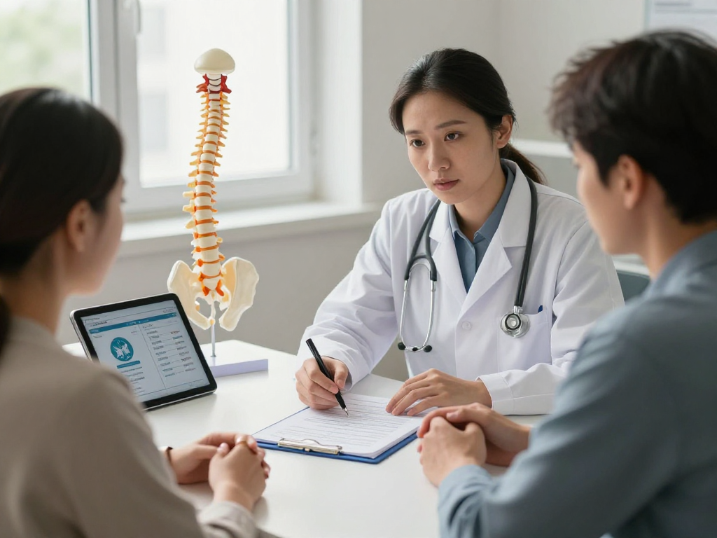 Patient discussing bel fıtığı ameliyatı with a healthcare professional in a warm medical office.