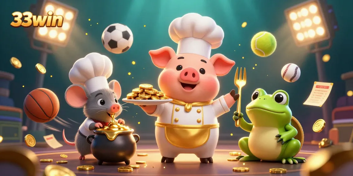 Engage with the thrilling world of 33win, as a chef pig serves gold coins amidst dynamic sports betting elements.