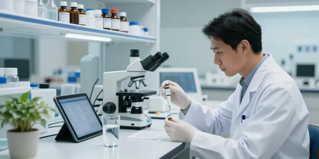Swiss Chems researcher analyzing peptide vials in a modern lab.